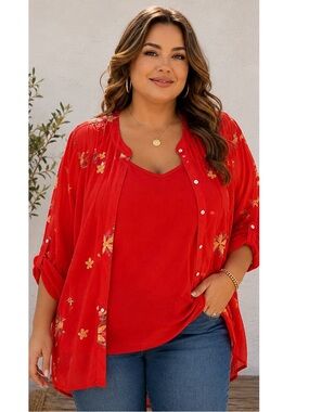 NWT Figueroa & Flower Red Floral Embroidered Button-Front Blouse Tank Set 1X